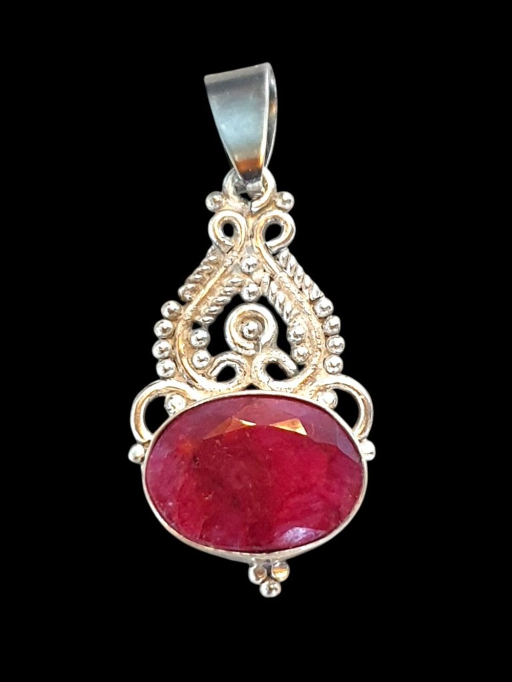 Vintage Balinese Hand-Carved Natural Ruby Silver Pendant